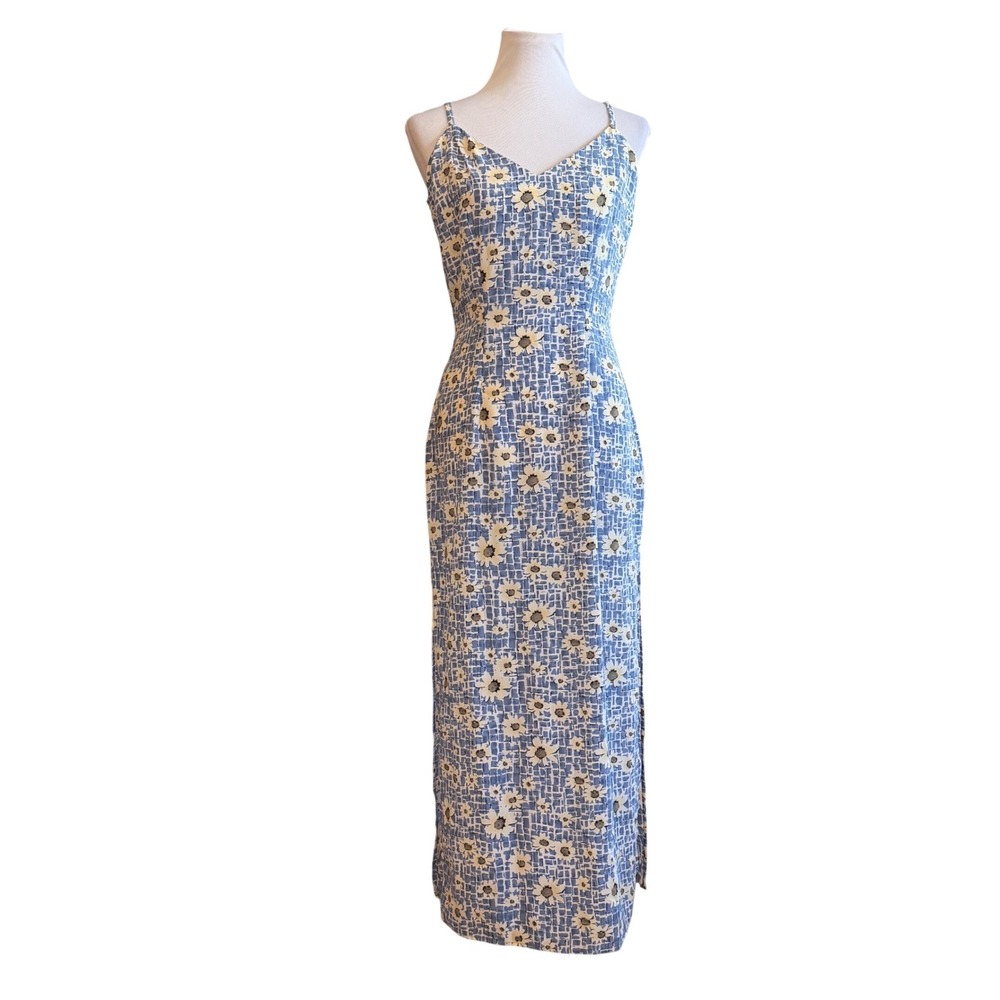 Jay Jacobs Maxi Dress Women 7 Blue Floral Vintage 90s Y2K Spaghetti Strap Slit